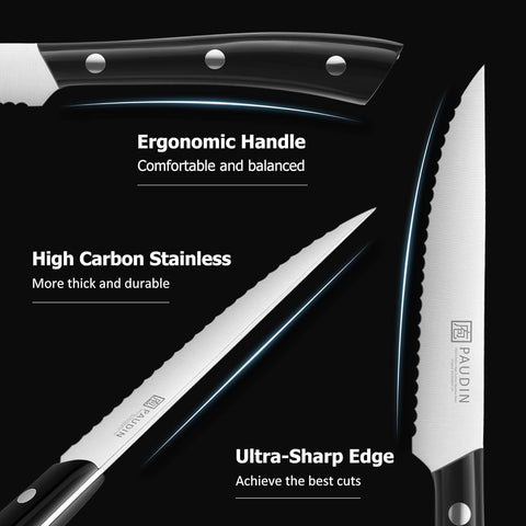 PAUDIN Steak Knives, Steak Knives Set of 8, Razor-Sharp Steak Knife Set 4.5 inch, High Carbon Stainless Steel Serrated Steak Knives Set for Kitchen, Full Tang ABS Handle