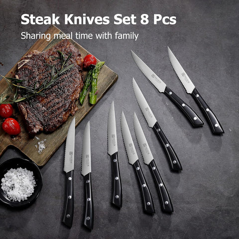 PAUDIN Steak Knives, Steak Knives Set of 8, Razor-Sharp Steak Knife Set 4.5 inch, High Carbon Stainless Steel Serrated Steak Knives Set for Kitchen, Full Tang ABS Handle