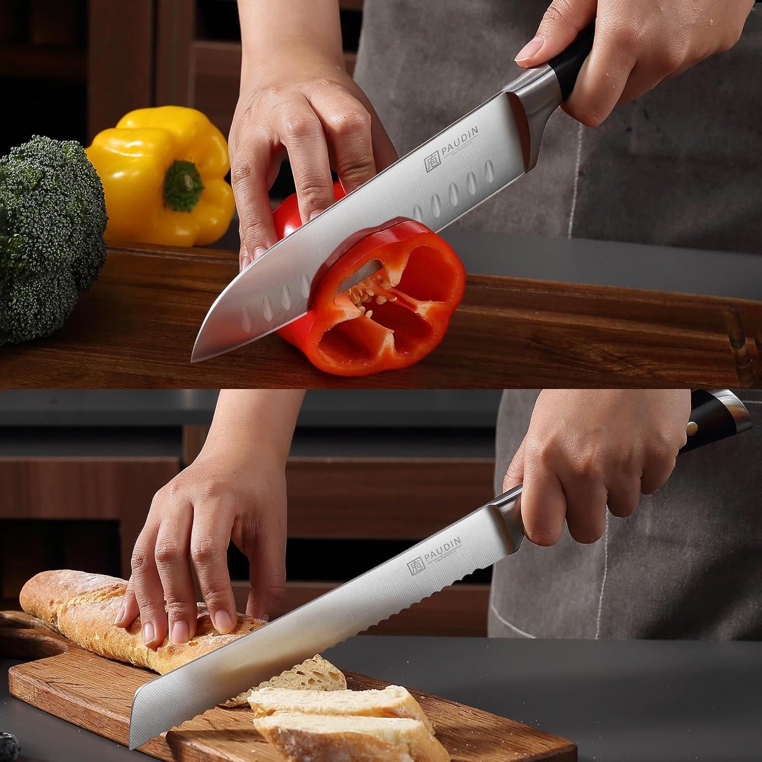 PAUDIN 15 - Piece Knife Block Set - High Carbon Stainless Steel with Sharpener, Full Tang Triple Rivet Handle - Paudin Store