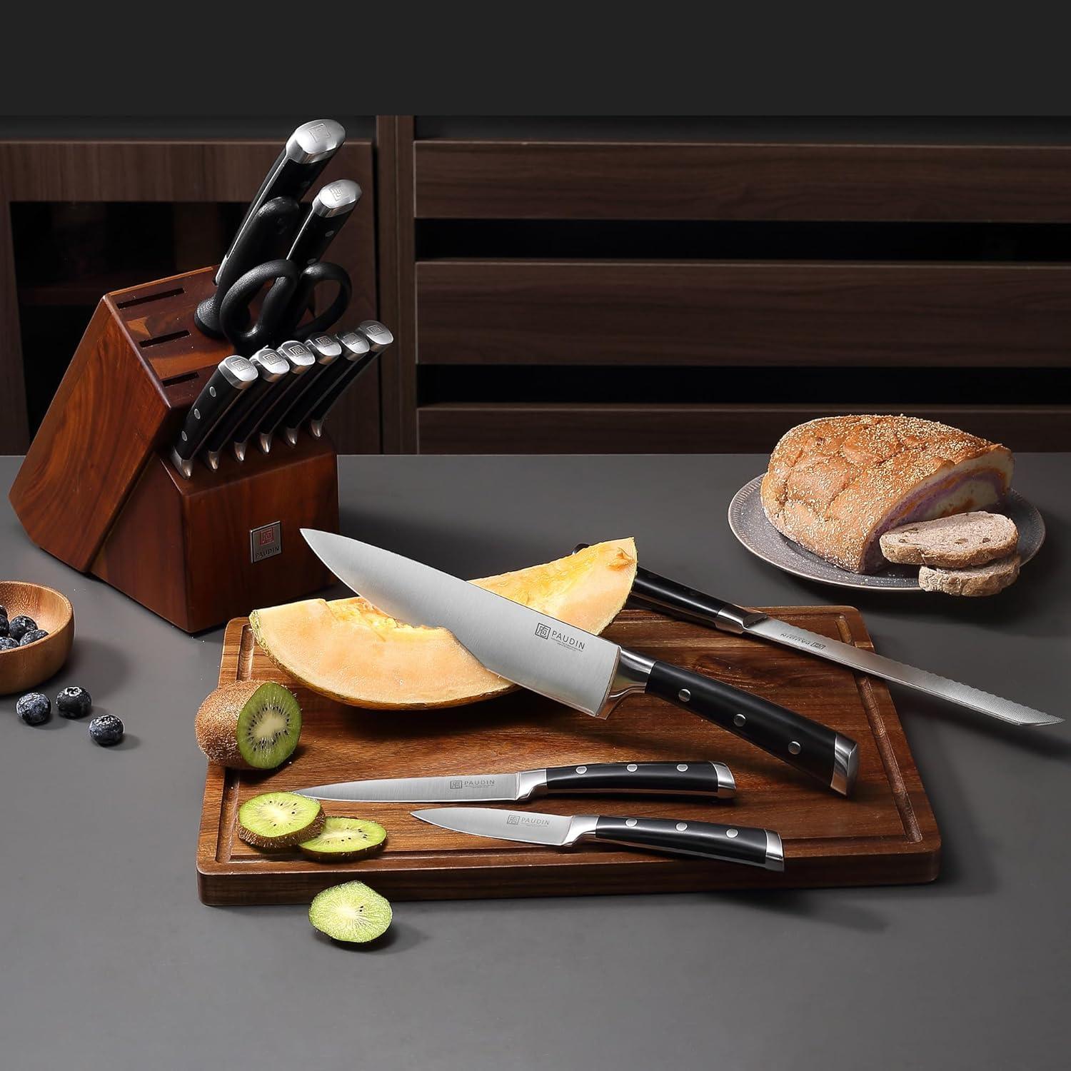 PAUDIN 15 - Piece Knife Block Set - High Carbon Stainless Steel with Sharpener, Full Tang Triple Rivet Handle - Paudin Store