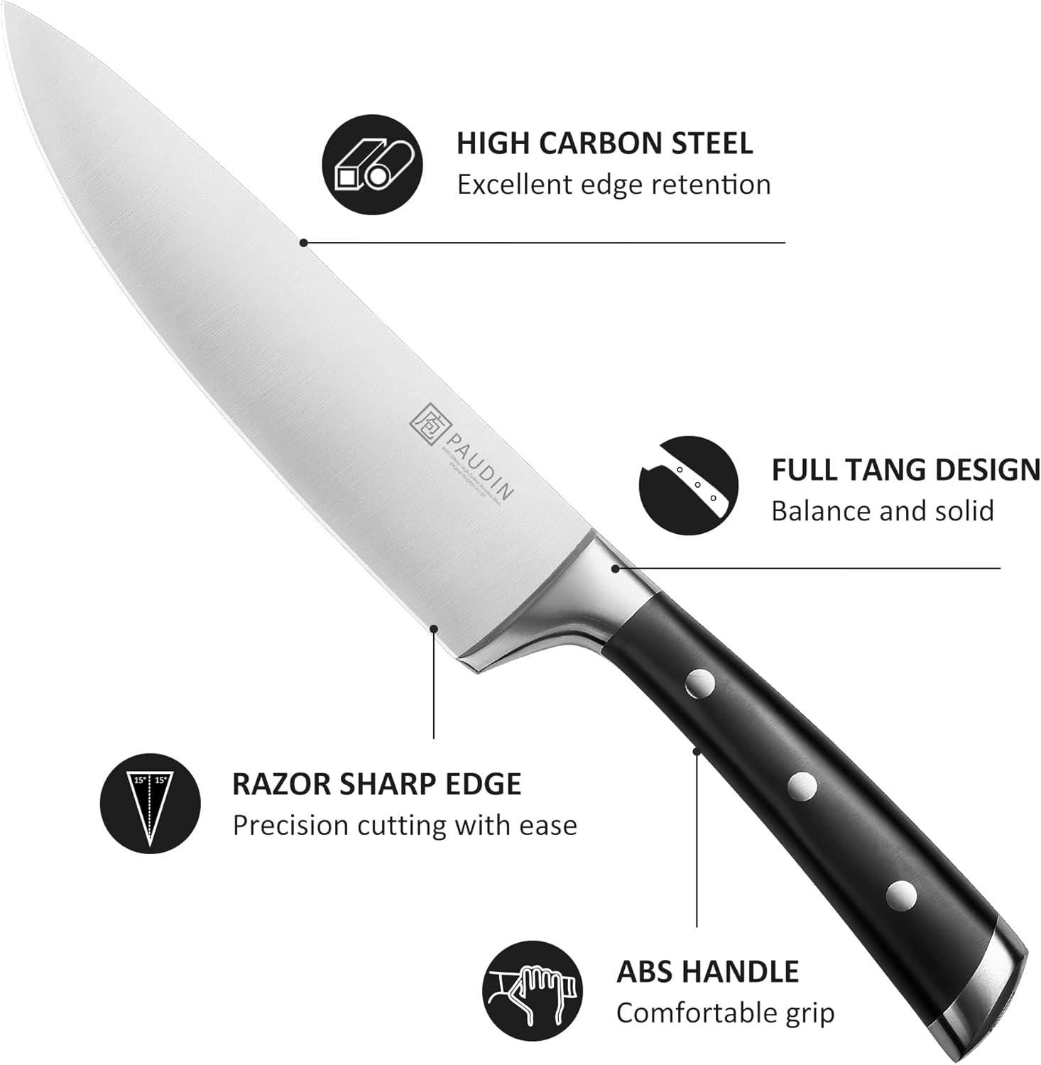 PAUDIN 15 - Piece Knife Block Set - High Carbon Stainless Steel with Sharpener, Full Tang Triple Rivet Handle - Paudin Store