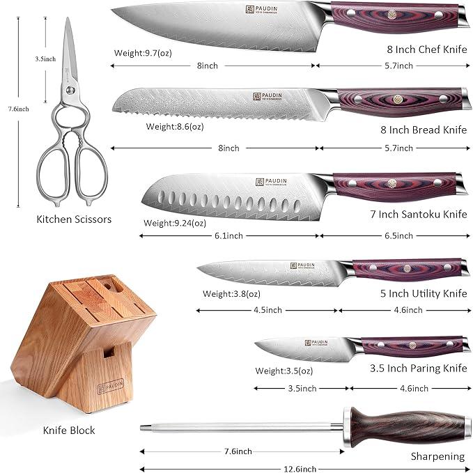 Plume Luxe 8 - PC Damascus Knife Set - Paudin Store