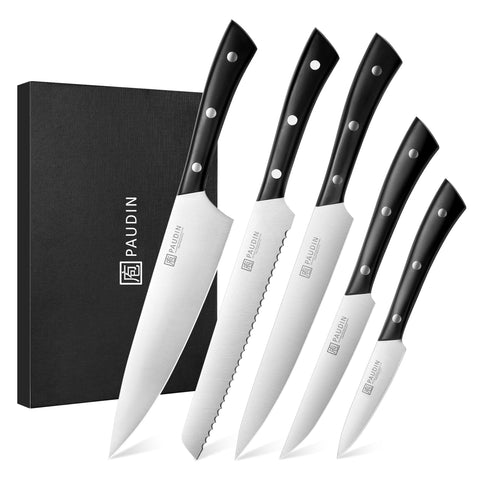 PAUDIN Kitchen Knife Set, 7 Piece Chef Knife Set, High Carbon Stainless Steel Kitchen Knives, Ultra Sharp Knives Set for Kitchen, Precise Cutting, Durable with Ergonomic Handle, Black