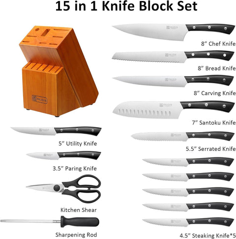 PAUDIN Kitchen Knife Set, 15-Piece Knife Set with Block, High Carbon German Steel Sharp Knife Set for Kitchen Precision Cutting, Triple Riveted Ergonomic Handle, Lightweight & Durable, Black