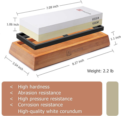 Paudin Premium Whetstone Knife Sharpener Stone Kit 1000/6000 Grit - Japanese Waterstone Sharpening Stones for Knives with Flattening Stone, Bamboo Base, NonSlip Base, Angle Guide & Water absorber