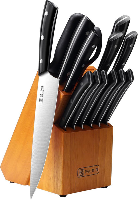 PAUDIN Kitchen Knife Set, 15-Piece Knife Set with Block, High Carbon German Steel Sharp Knife Set for Kitchen Precision Cutting, Triple Riveted Ergonomic Handle, Lightweight & Durable, Black