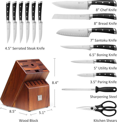 PAUDIN Juego de cuchillos de 15 piezas con bloque, juego de cuchillos de cocina de acero inoxidable de alto carbono con afilador, juego de cuchillos para cocina con mango de triple remache de espiga