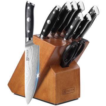 PAUDIN Ultra Dark DT9 10-Piece Kitchen Knife Block Set with Built-in Sharpener | Premium German Steel Full-Tang Chef Knives Set