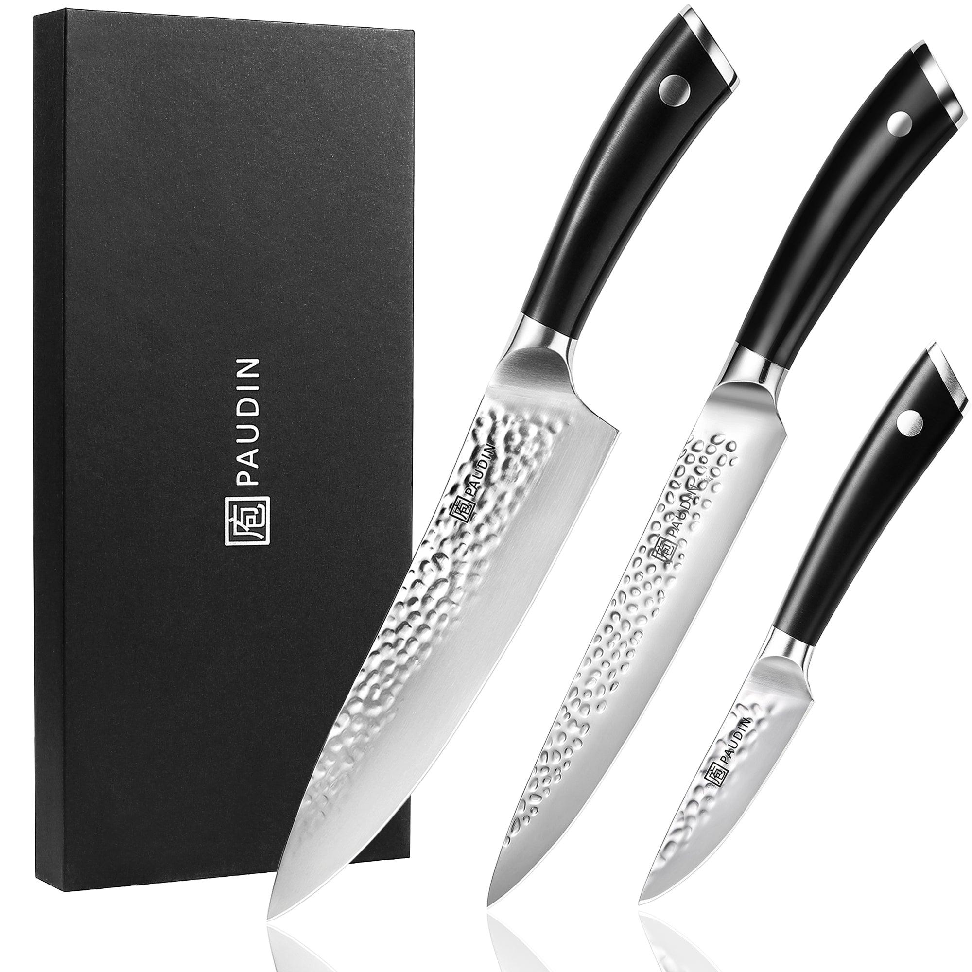 PAUDIN Kitchen Knives Set of 3, Sharp Chef Knife Set with Ergonomic ABS  Handle, High Carbon Stainless Steel Knife Set, Professional Hammered Series